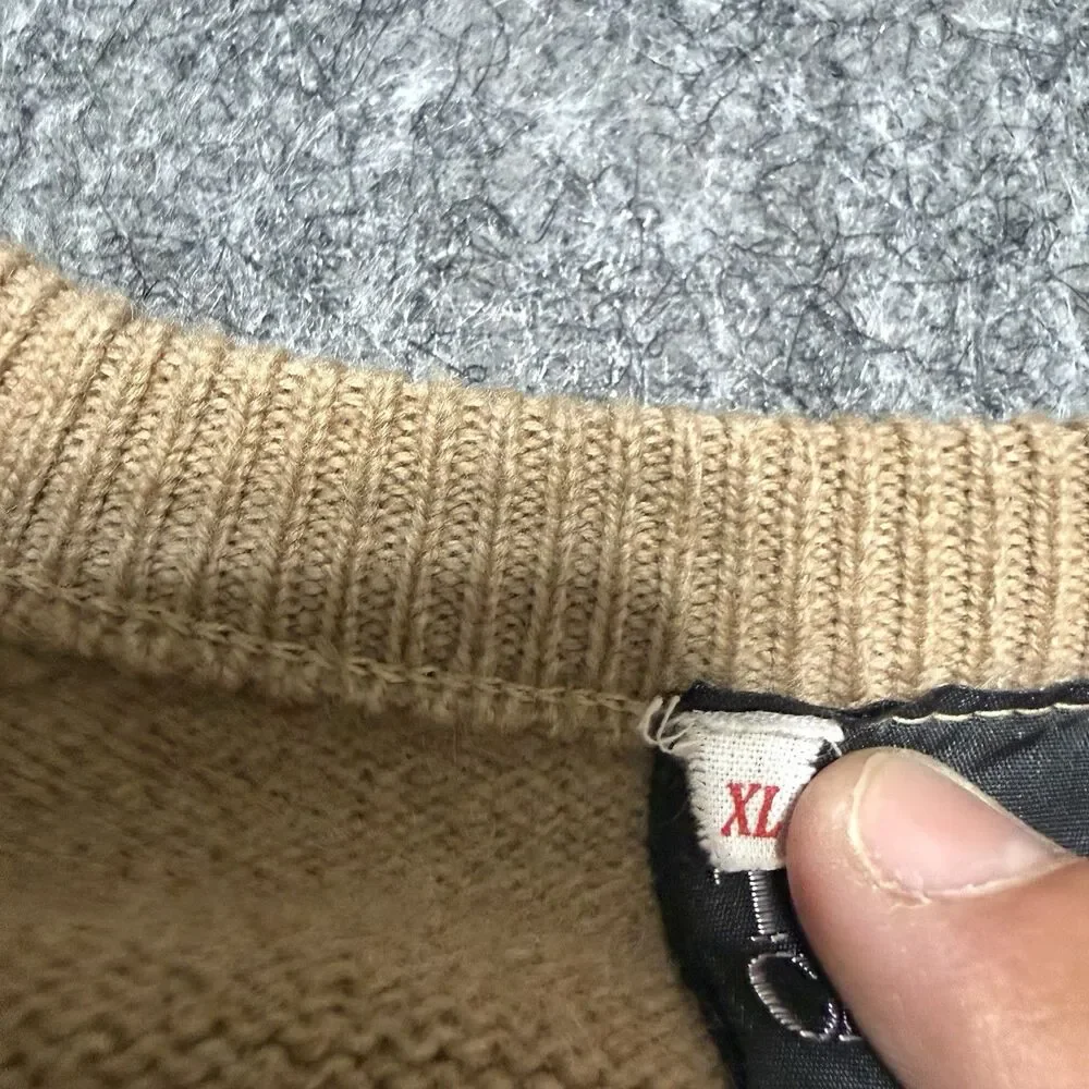 Vintage 80s 90s Made in U.K. Keebler Elf Pure Wool V Neck Sweater Tan Promo XL